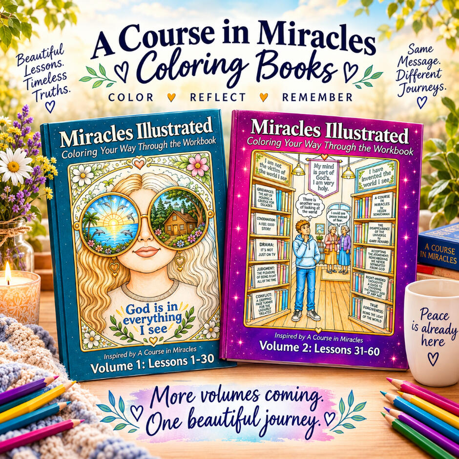 Miracles Illustrated Coloring Books Based on A Course in Miracles Promotional image for “A Course in Miracles Coloring Books” titled “Miracles Illustrated.” Two colorful paperback books stand side by side on a wooden surface. The left book (blue cover, Volume 1: Lessons 1-30) shows a woman with long wavy hair wearing lar