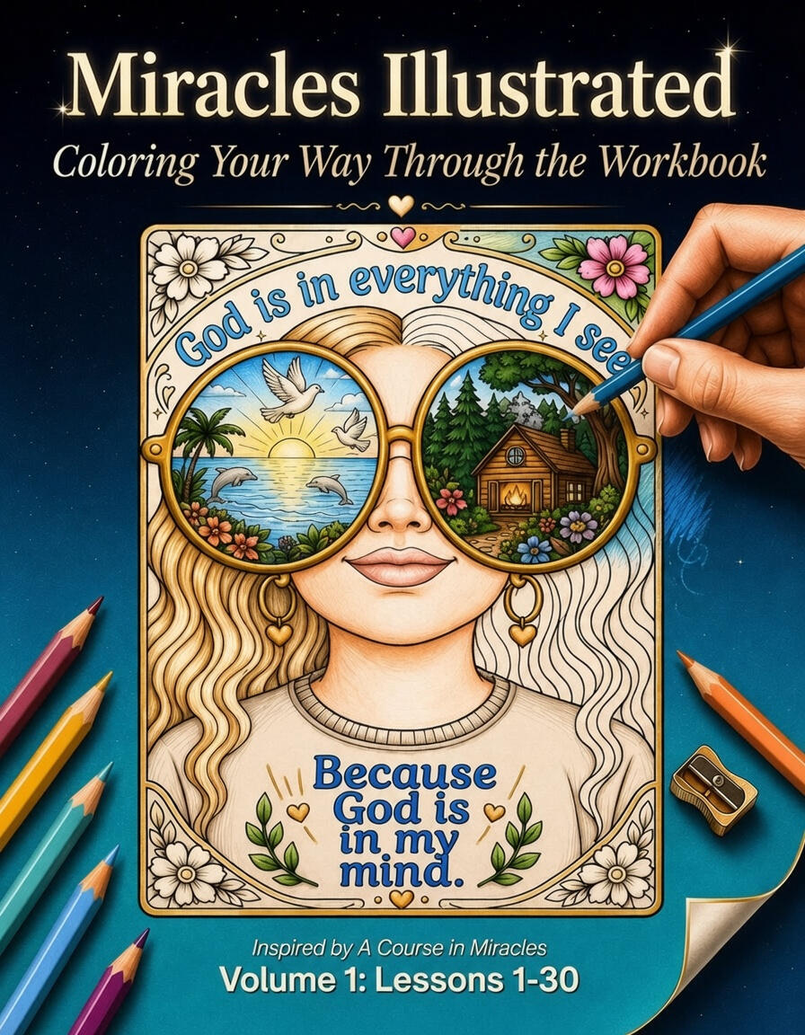 Miracles Illustrated Coloring Books Based on A Course in Miracles Promotional image for “A Course in Miracles Coloring Books” titled “Miracles Illustrated.” Two colorful paperback books stand side by side on a wooden surface. The left book (blue cover, Volume 1: Lessons 1-30) shows a woman with long wavy hair wearing lar
