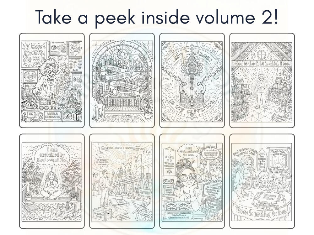 Miracles Illustrated Coloring Books Based on A Course in Miracles Promotional image for Miracles Illustrated Coloring Book featuring eight black and white coloring page images with a mild watermark overlay.